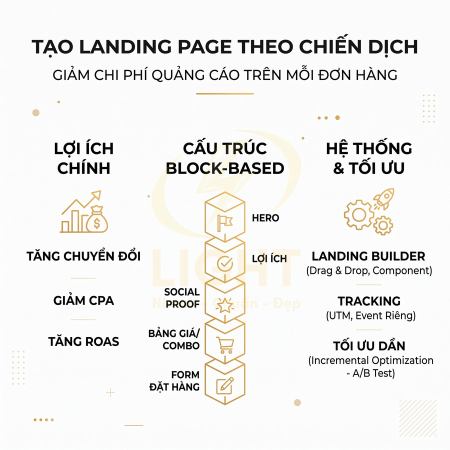 Infographic tạo landing page theo chiến dịch, nêu lợi ích chính, cấu trúc block-based và hệ thống tối ưu quảng cáo