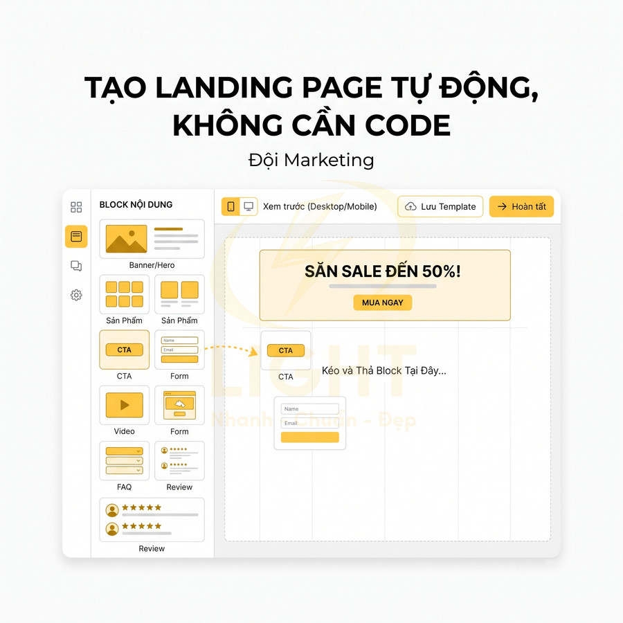 Giao diện phần mềm kéo thả tạo landing page tự động với khối nội dung CTA và form khuyến mãi sale 50%