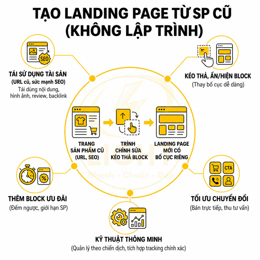 Hướng dẫn tạo landing page mới từ sản phẩm cũ bằng trình kéo thả block, tối ưu SEO và chuyển đổi