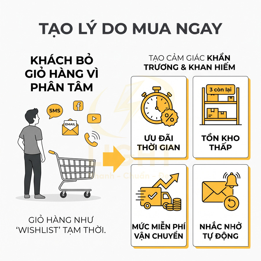 Infographic lý do khách bỏ giỏ hàng và cách thúc đẩy mua ngay với ưu đãi thời gian, tồn kho thấp, miễn phí vận chuyển, nhắc nhở tự động