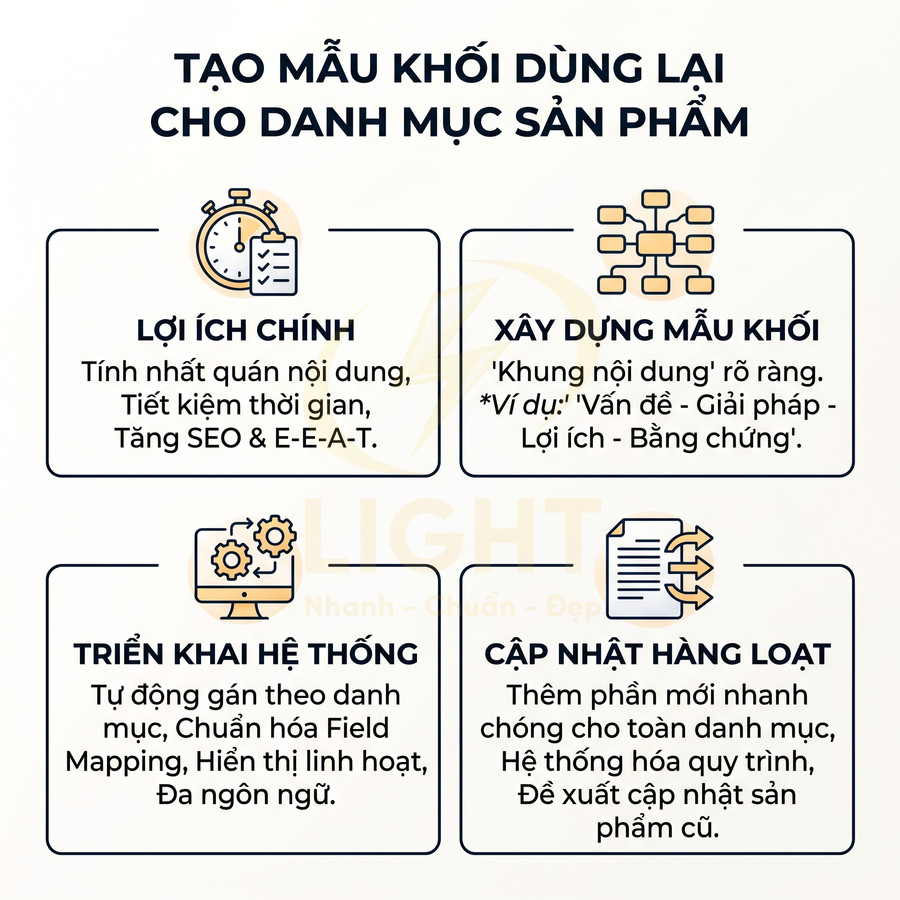 Mẫu khối nội dung dùng lại cho danh mục sản phẩm với lợi ích, triển khai hệ thống và cập nhật hàng loạt