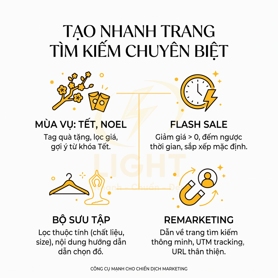 Infographic tạo nhanh trang tìm kiếm chuyên biệt cho mùa vụ Tết Noel, flash sale, bộ sưu tập và remarketing trong marketing