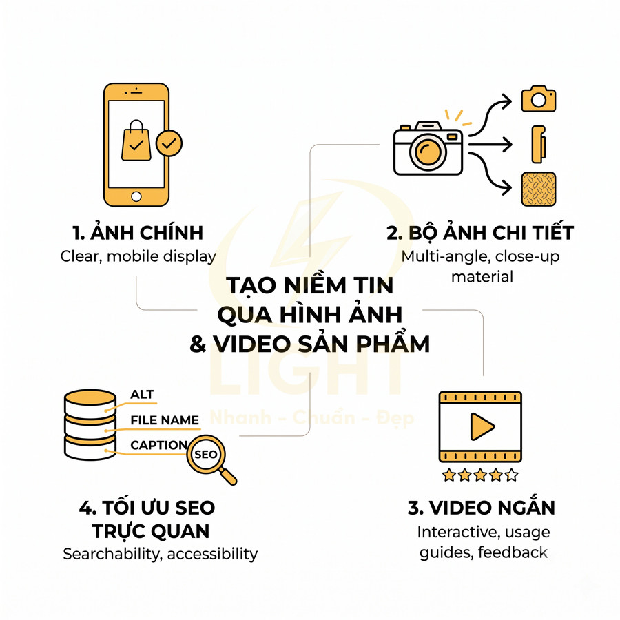 Hướng dẫn tạo niềm tin qua hình ảnh và video sản phẩm với ảnh chính, ảnh chi tiết, video ngắn và tối ưu SEO