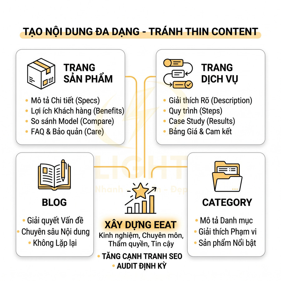 Infographic hướng dẫn tạo nội dung đa dạng cho trang sản phẩm, dịch vụ, blog và category để tránh thin content và tăng SEO