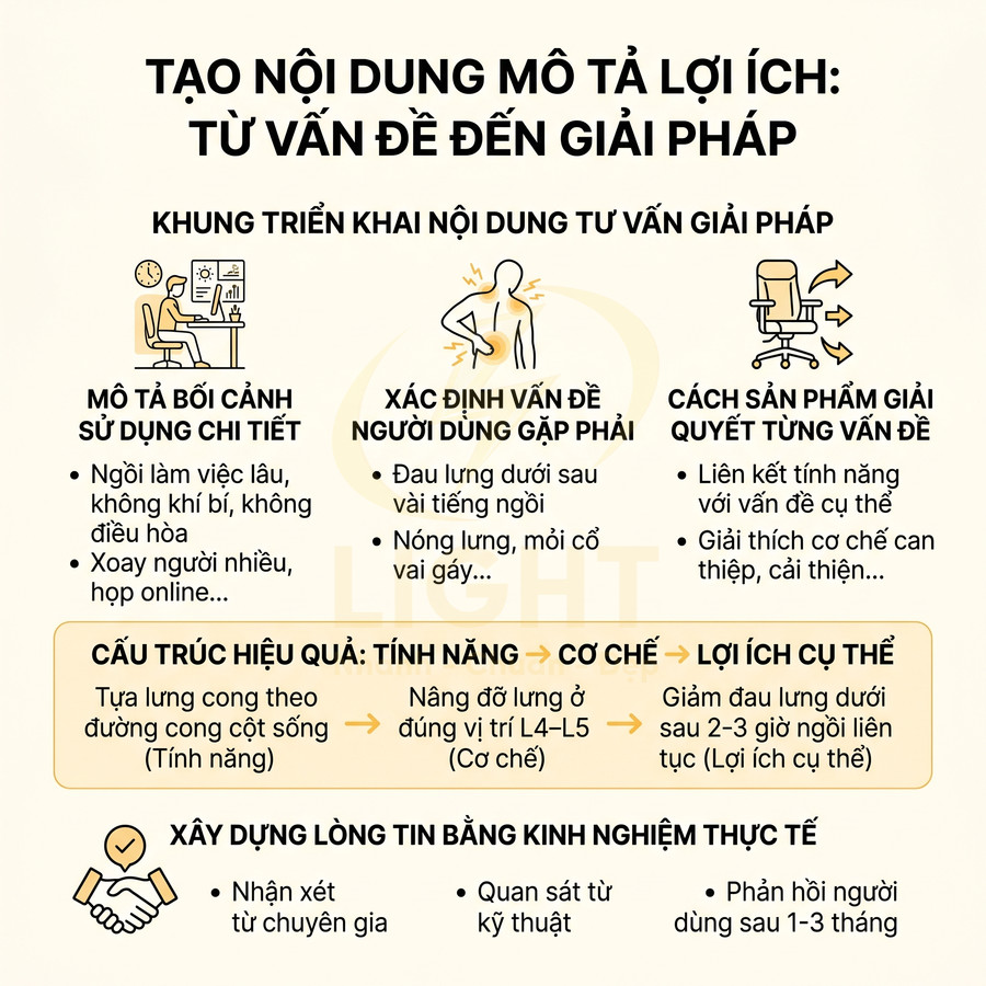 Infographic hướng dẫn mô tả lợi ích sản phẩm ghế công thái học giảm đau lưng cho người ngồi làm việc lâu