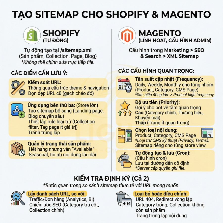 Hướng dẫn tạo sitemap cho website Shopify và Magento tối ưu SEO, quản lý URL và cấu hình tần suất cập nhật