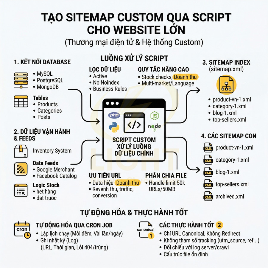 Sơ đồ quy trình tạo sitemap custom bằng script cho website thương mại điện tử và hệ thống lớn