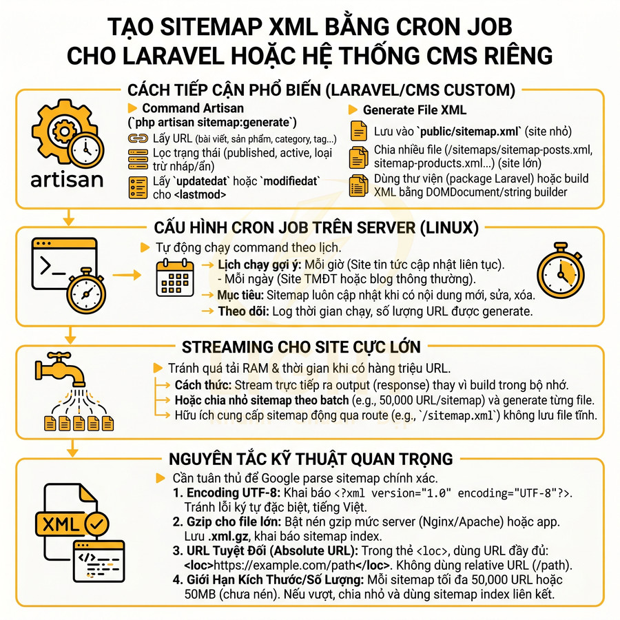 Hướng dẫn tạo sitemap XML bằng cron job cho Laravel hoặc CMS riêng, tối ưu cho site lớn và chuẩn SEO