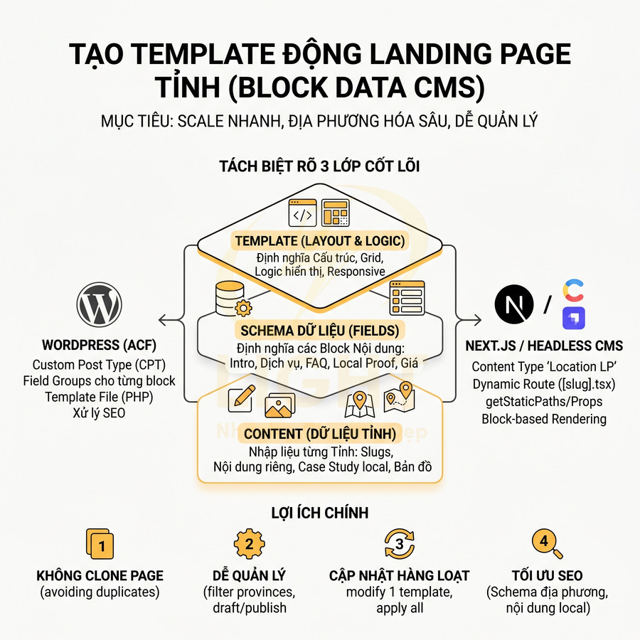 Sơ đồ quy trình tạo template động landing page tĩnh với WordPress ACF và Next.js headless CMS