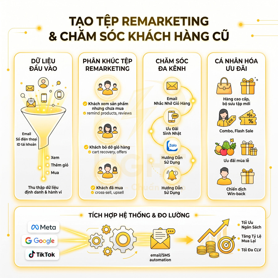 Mô hình quy trình tạo tệp remarketing và chăm sóc khách hàng cũ đa kênh cho doanh nghiệp online