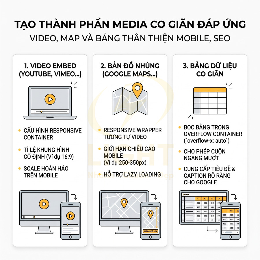 Hướng dẫn tạo video, bản đồ nhúng và bảng dữ liệu co giãn thân thiện mobile và tối ưu SEO
