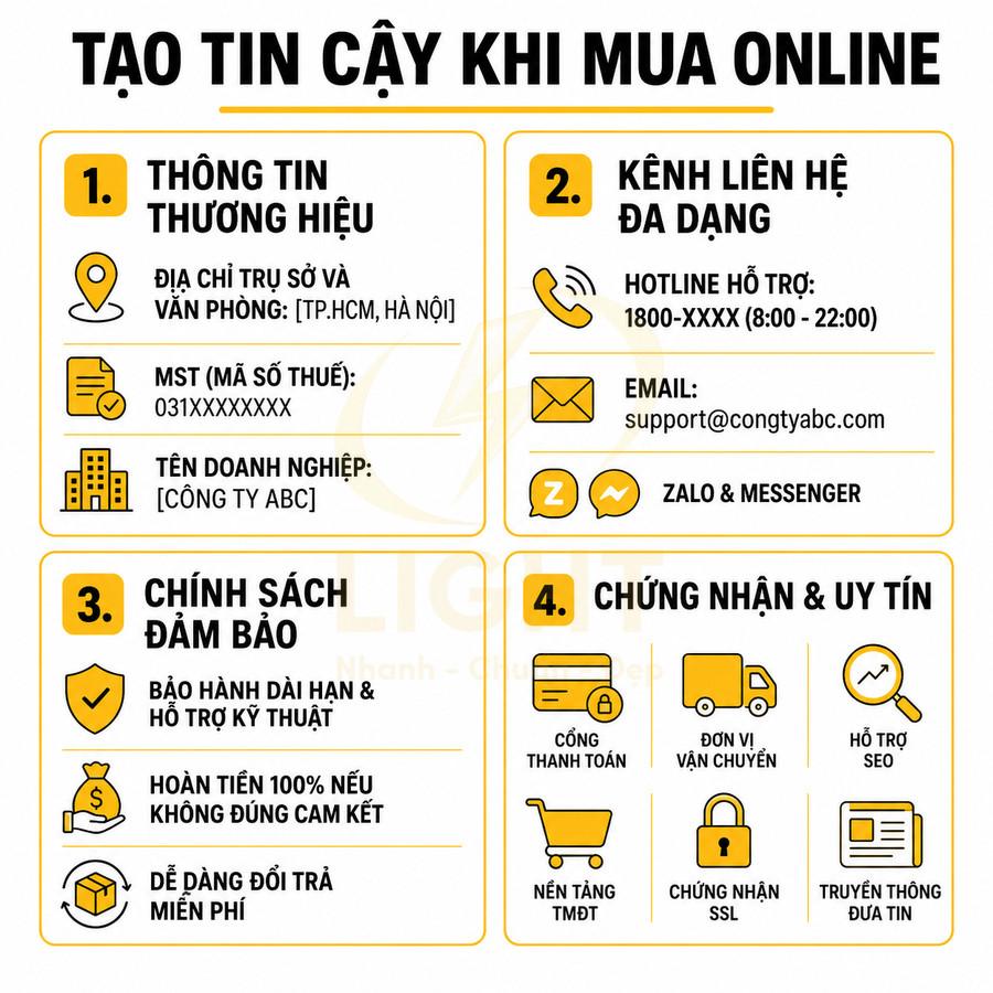 Hướng dẫn tạo độ tin cậy khi mua hàng online với thông tin thương hiệu, liên hệ, chính sách bảo đảm và chứng nhận uy tín
