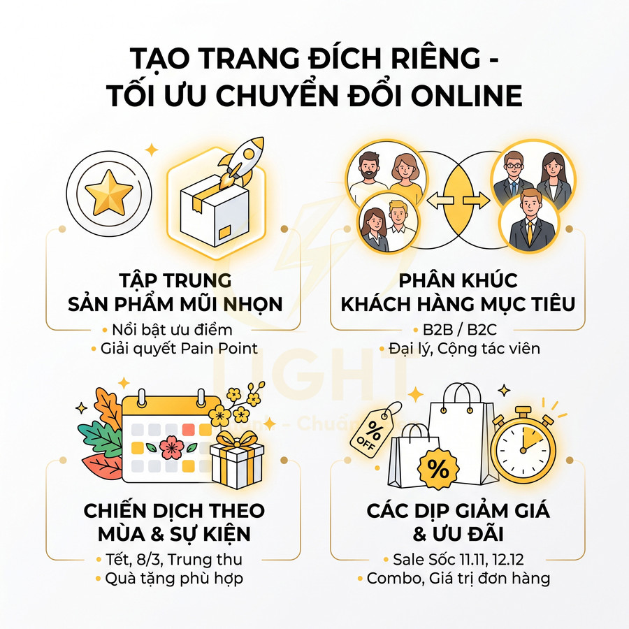 Infographic tạo trang đích riêng tối ưu chuyển đổi online với sản phẩm mũi nhọn, phân khúc khách hàng, chiến dịch mùa và ưu đãi