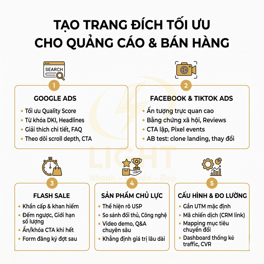 Checklist tối ưu trang đích cho quảng cáo bán hàng với Google Ads, Facebook TikTok Ads, flash sale và cấu hình đo lường