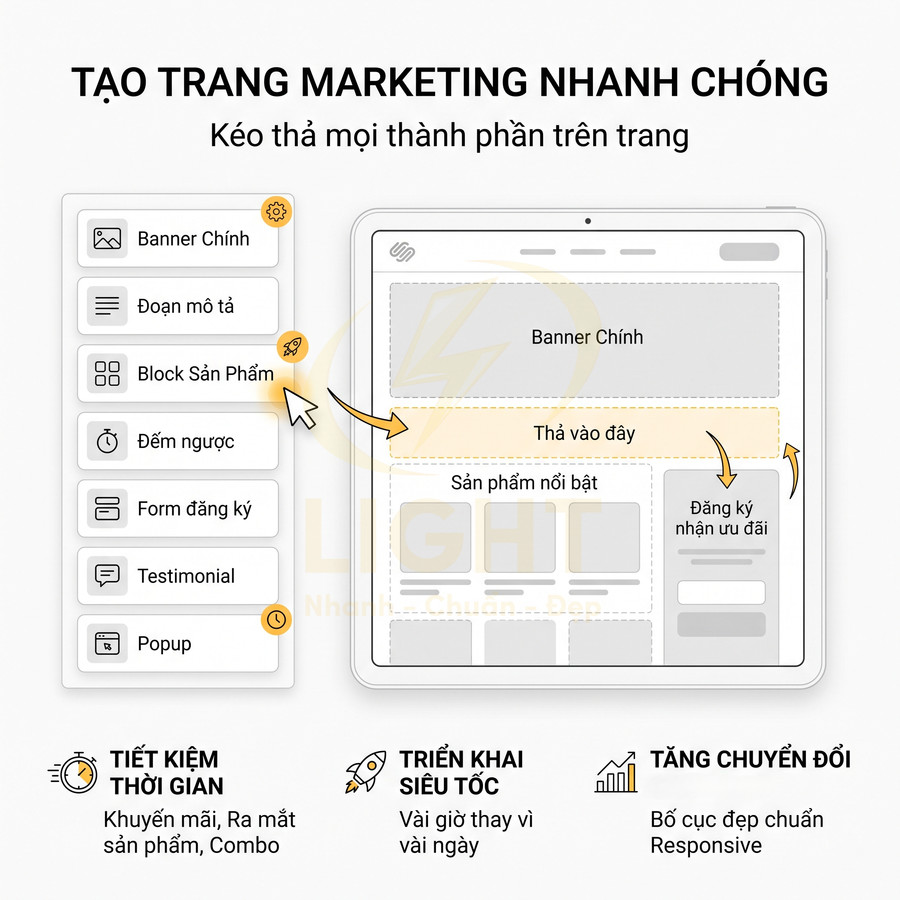 Giao diện kéo thả tạo trang marketing với các block banner, sản phẩm, form đăng ký và popup trên màn hình tablet