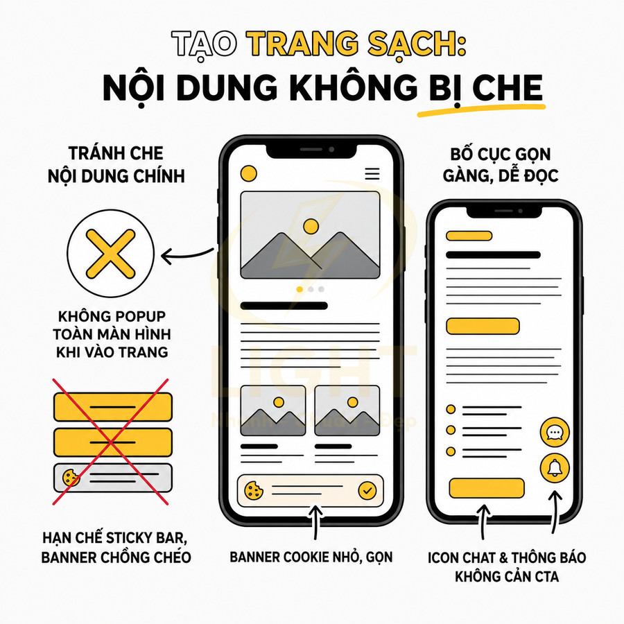 Minh họa giao diện mobile tối ưu nội dung không bị che với banner cookie nhỏ gọn và bố cục dễ đọc