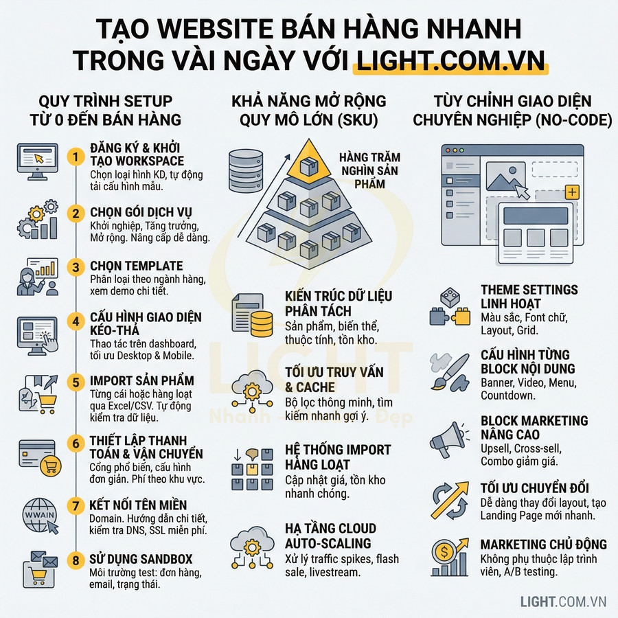 Infographic giới thiệu nền tảng tạo website bán hàng nhanh Light.com.vn với quy trình setup và tính năng mở rộng, tối ưu marketing