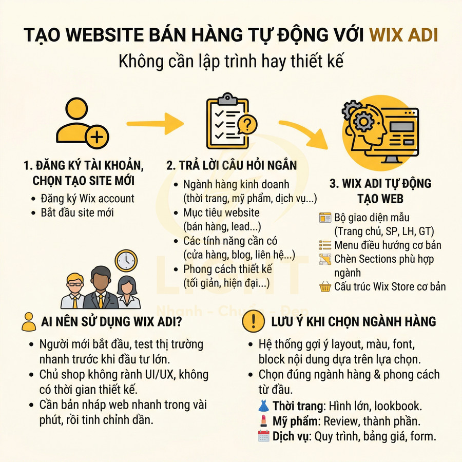 Hướng dẫn tạo website bán hàng tự động với Wix ADI, các bước đăng ký, trả lời câu hỏi và Wix tự tạo web