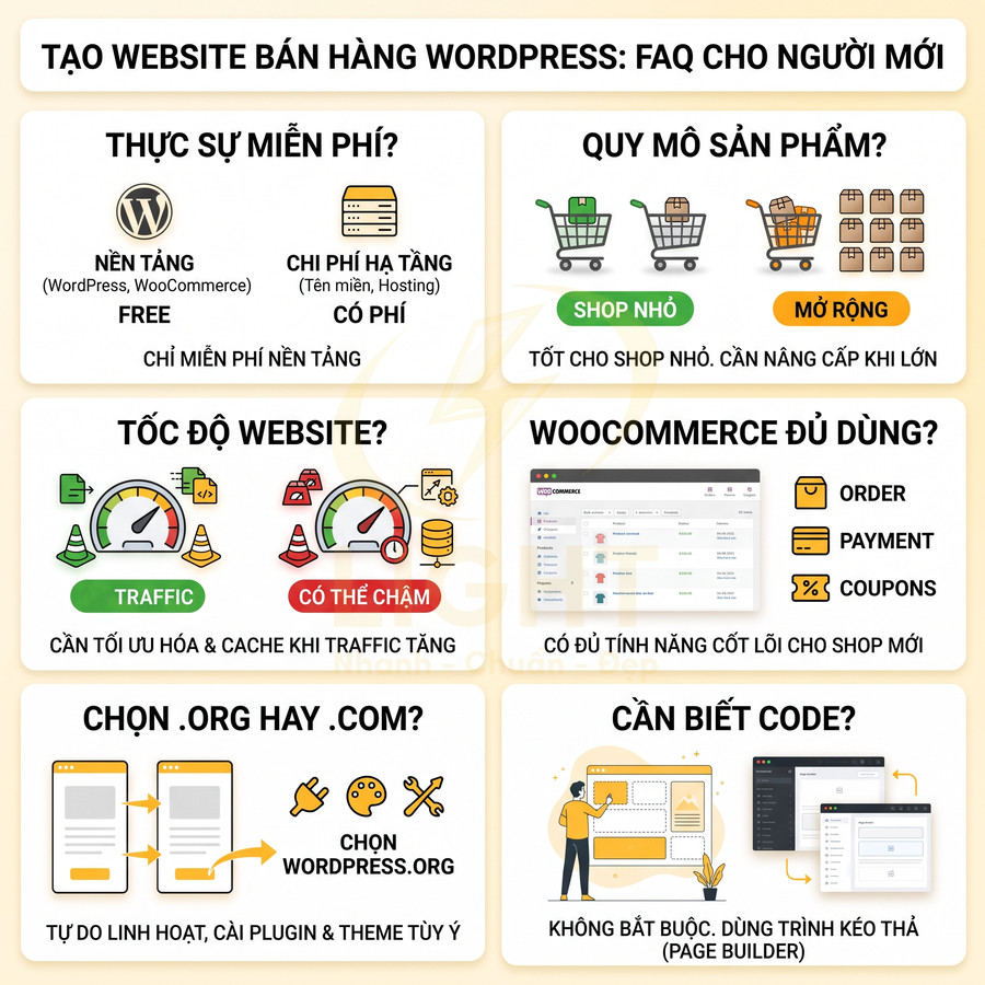Hướng dẫn FAQ tạo website bán hàng WordPress cho người mới với WooCommerce, tốc độ, chi phí và tên miền