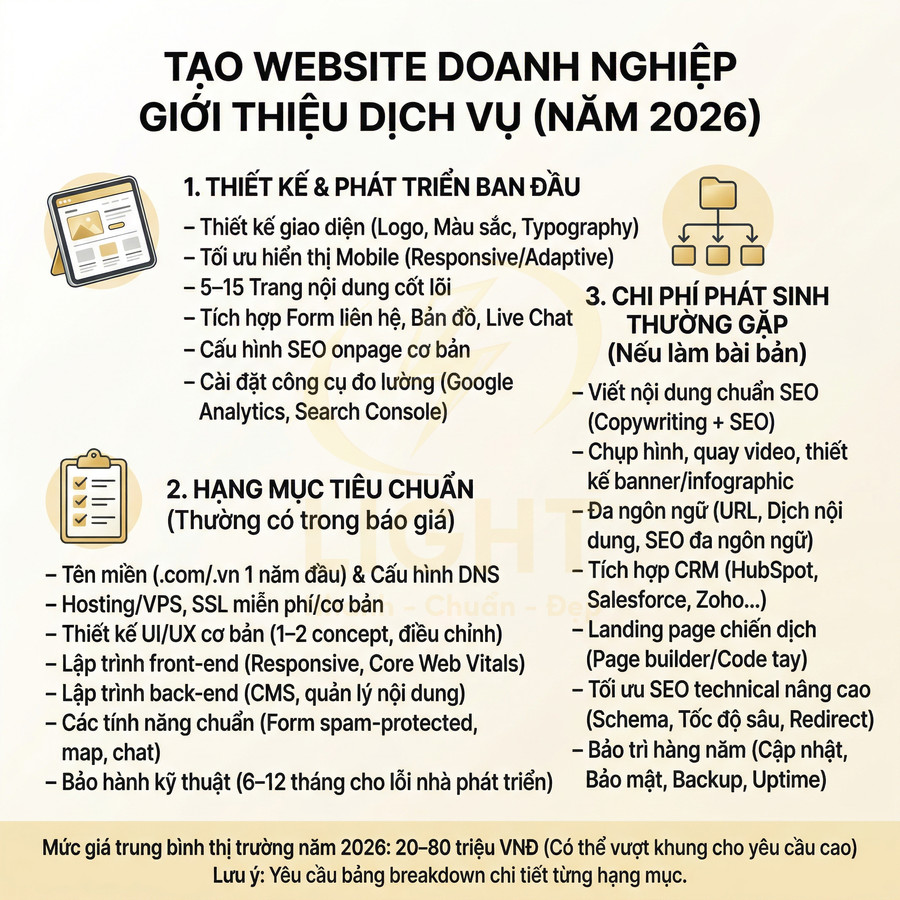 Bảng checklist hạng mục thiết kế và chi phí làm website doanh nghiệp giới thiệu dịch vụ năm 2026