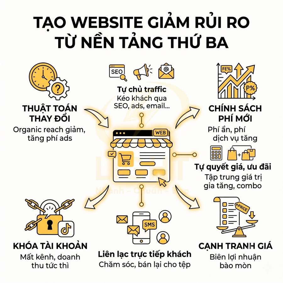 Minh họa lợi ích tạo website riêng để giảm rủi ro phụ thuộc nền tảng thứ ba trong kinh doanh online