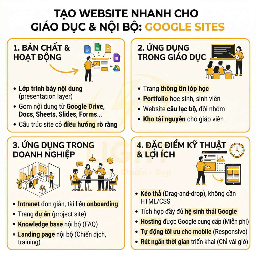 Infographic giới thiệu lợi ích và ứng dụng của Google Sites trong giáo dục và doanh nghiệp