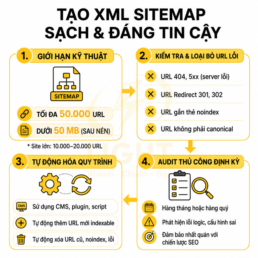 Hướng dẫn tạo XML sitemap sạch và đáng tin cậy với giới hạn kỹ thuật, tự động hóa và audit SEO định kỳ
