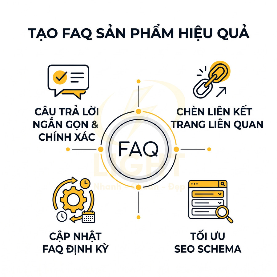 Hướng dẫn tạo FAQ sản phẩm hiệu quả với câu trả lời ngắn gọn, liên kết liên quan, cập nhật định kỳ và tối ưu SEO schema