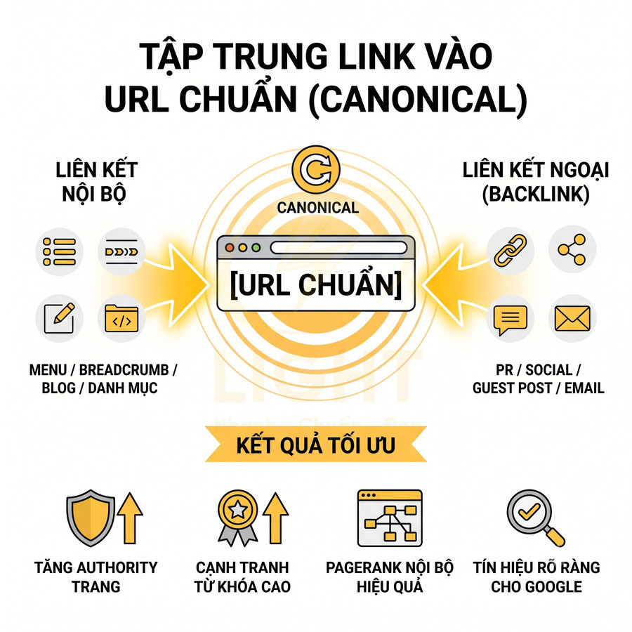 Minh họa SEO tập trung liên kết nội bộ và backlink về URL chuẩn canonical để tối ưu thứ hạng Google