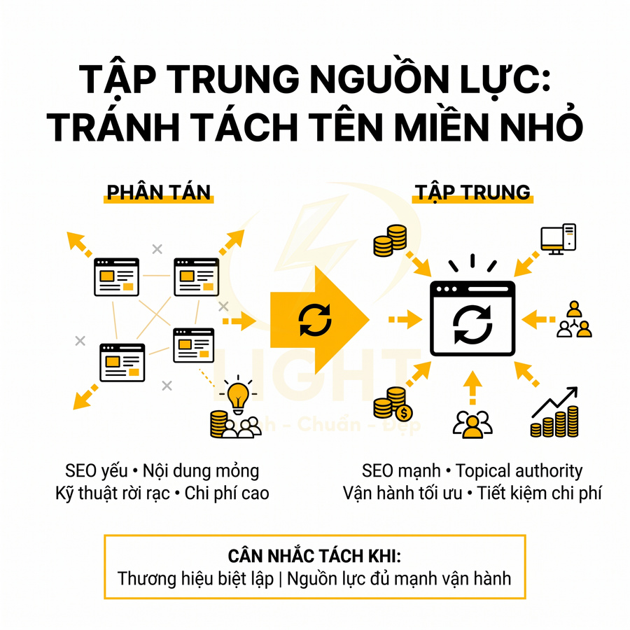 Minh họa chiến lược SEO tập trung nguồn lực, tránh tách tên miền nhỏ để tối ưu hiệu quả và tiết kiệm chi phí