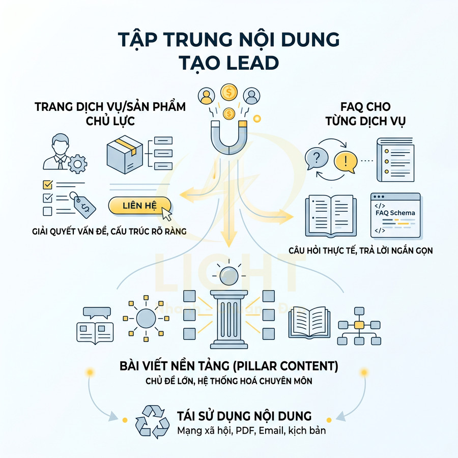 Mô hình chiến lược nội dung tạo lead với trang dịch vụ, FAQ, bài viết nền tảng và tái sử dụng nội dung