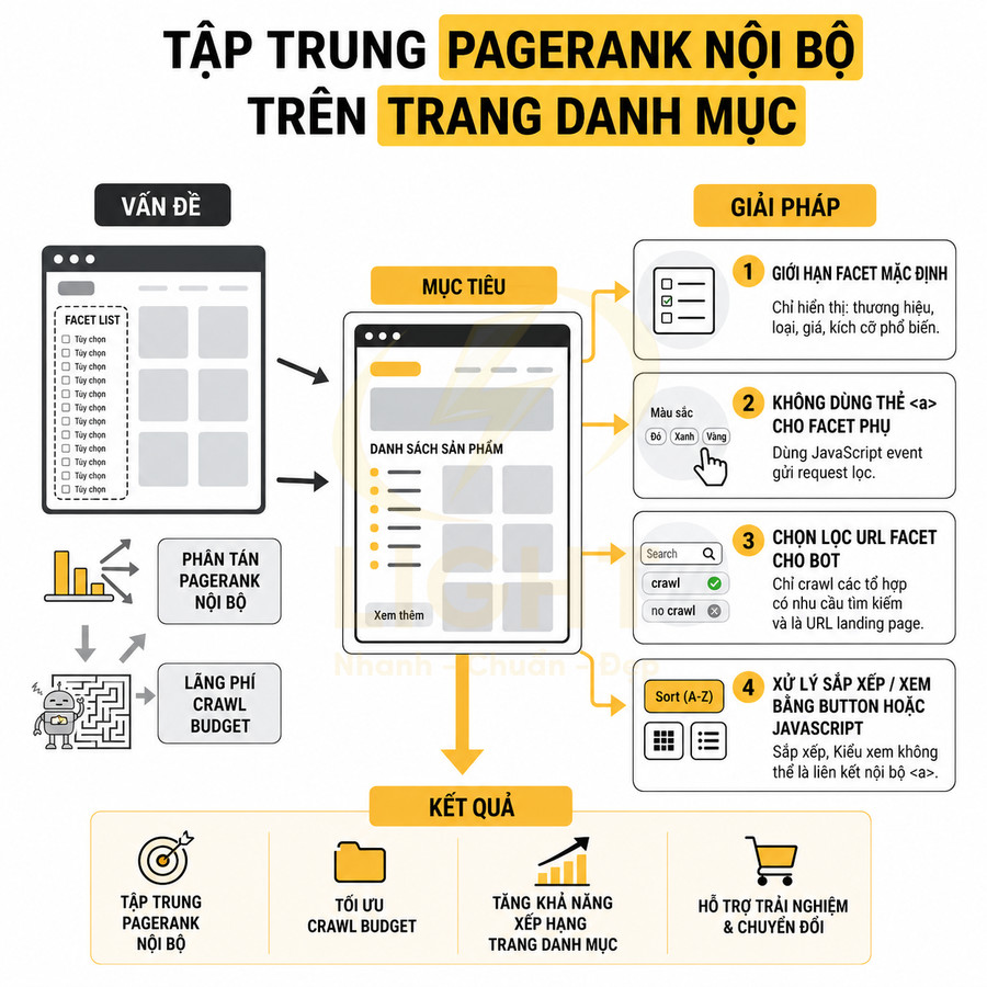 Hướng dẫn tối ưu Pagerank nội bộ trên trang danh mục với giới hạn facet và lọc URL cho bot