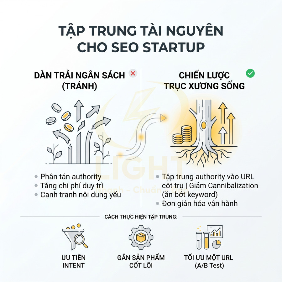 Infographic hướng dẫn tập trung tài nguyên cho SEO startup với chiến lược trục xương sống và cách ưu tiên URL cốt lõi