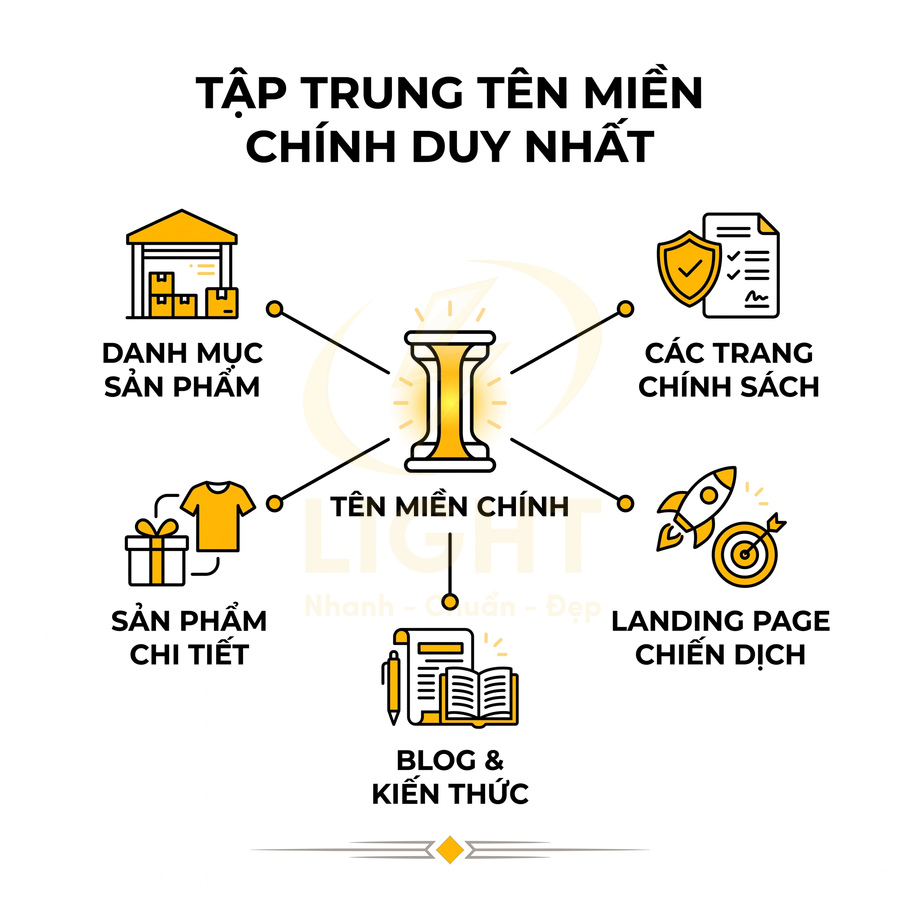 Mô hình website tập trung vào một tên miền chính liên kết danh mục sản phẩm, blog, landing page và trang chính sách