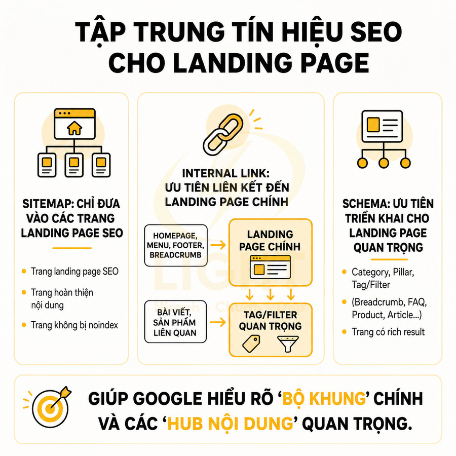 Infographic hướng dẫn tối ưu tín hiệu SEO cho landing page với sitemap, internal link và schema quan trọng