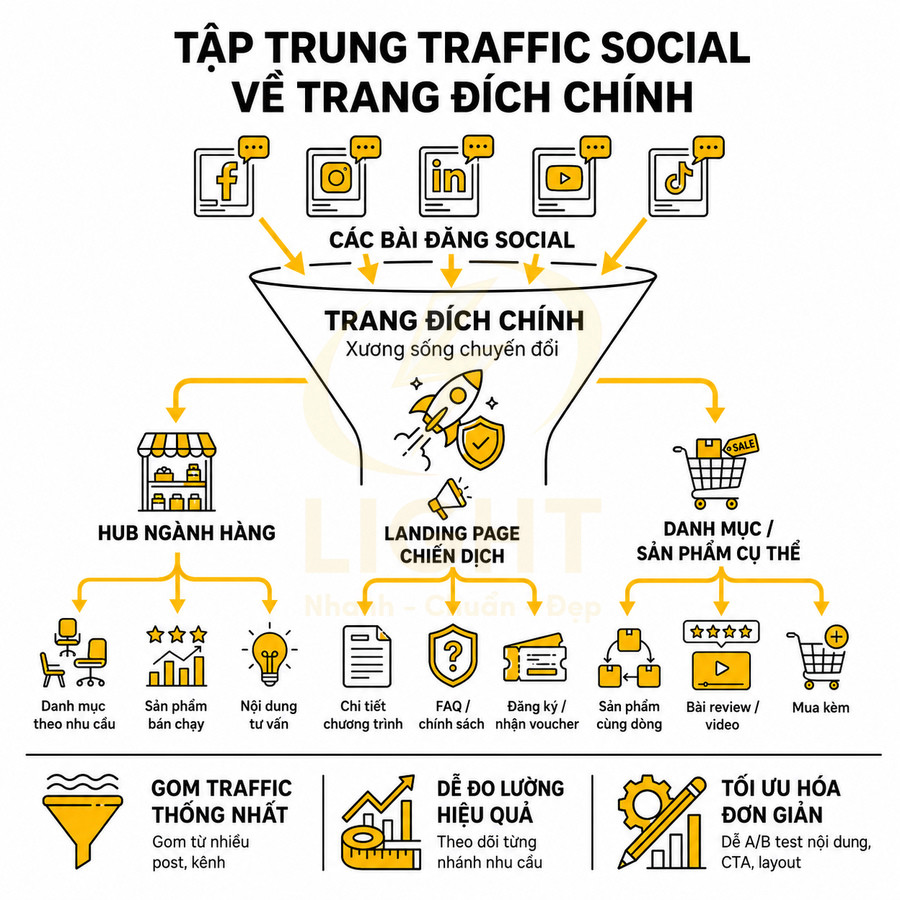 Sơ đồ funnel marketing tập trung traffic từ mạng xã hội về trang đích chính và các landing page bán hàng