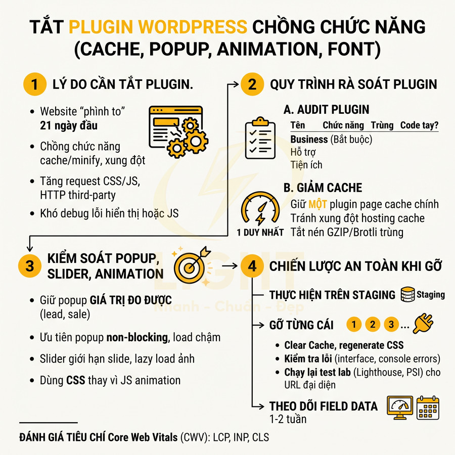 Hướng dẫn tắt plugin WordPress chống chức năng cache popup animation font để tối ưu Core Web Vitals