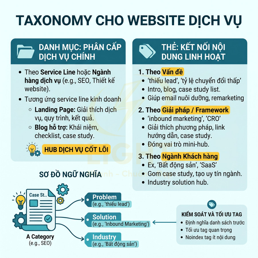 Taxonomy cho website dịch vụ với danh mục phân cấp dịch vụ chính và thẻ kết nối nội dung linh hoạt