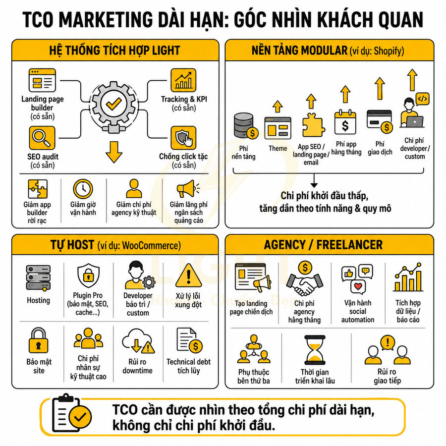 Infographic so sánh TCO marketing dài hạn giữa hệ thống tích hợp, nền tảng modular, tự host và agency freelancer
