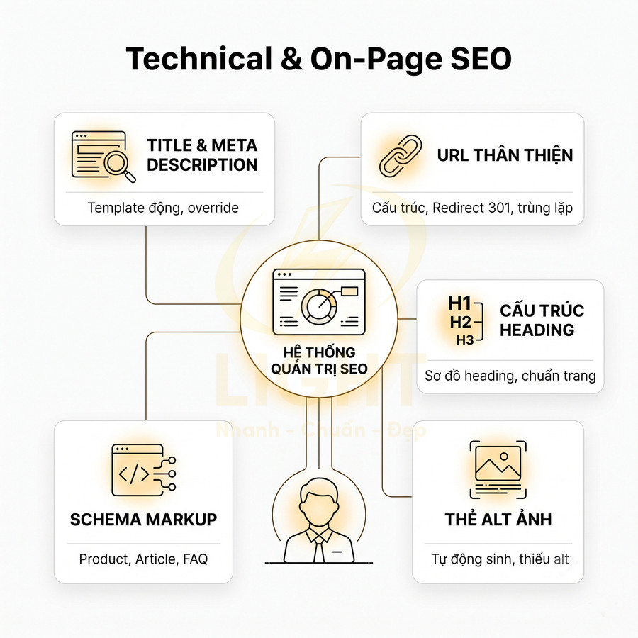Sơ đồ hệ thống quản trị SEO technical và onpage với các yếu tố title, URL, heading, schema và thẻ alt ảnh