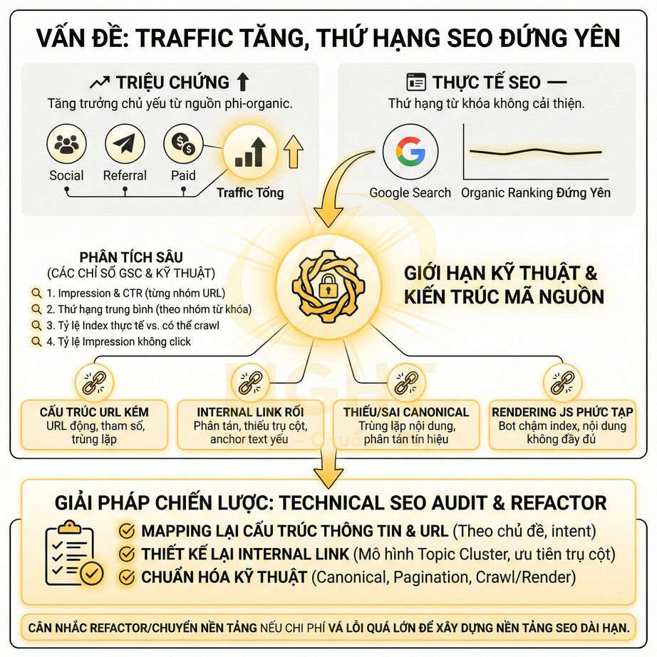 Infographic quy trình phân tích technical SEO, giới hạn kỹ thuật mã nguồn và giải pháp audit refactor tối ưu thứ hạng tìm kiếm