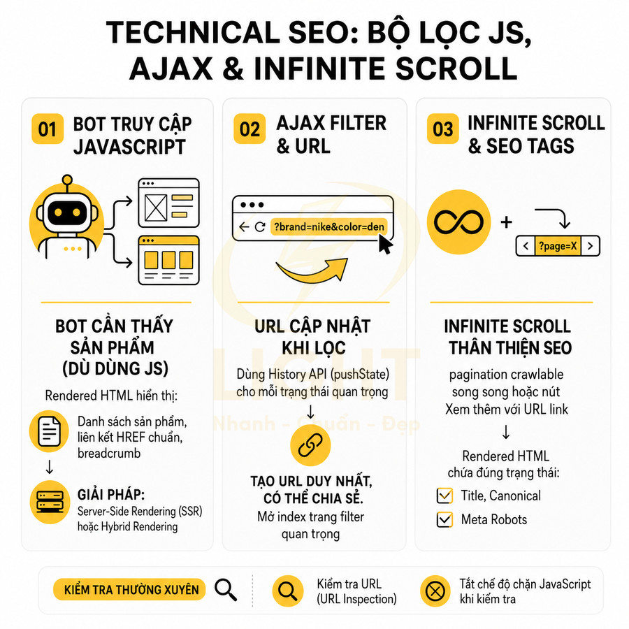 Infographic hướng dẫn technical SEO cho bộ lọc JavaScript, AJAX filter, URL và infinite scroll thân thiện bot tìm kiếm