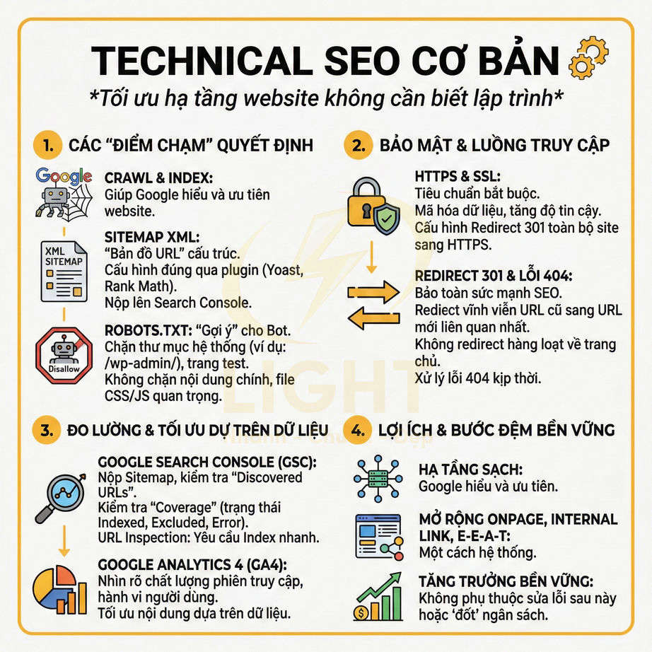 Infographic hướng dẫn technical SEO cơ bản với các bước crawl index, bảo mật HTTPS, đo lường dữ liệu và tối ưu website