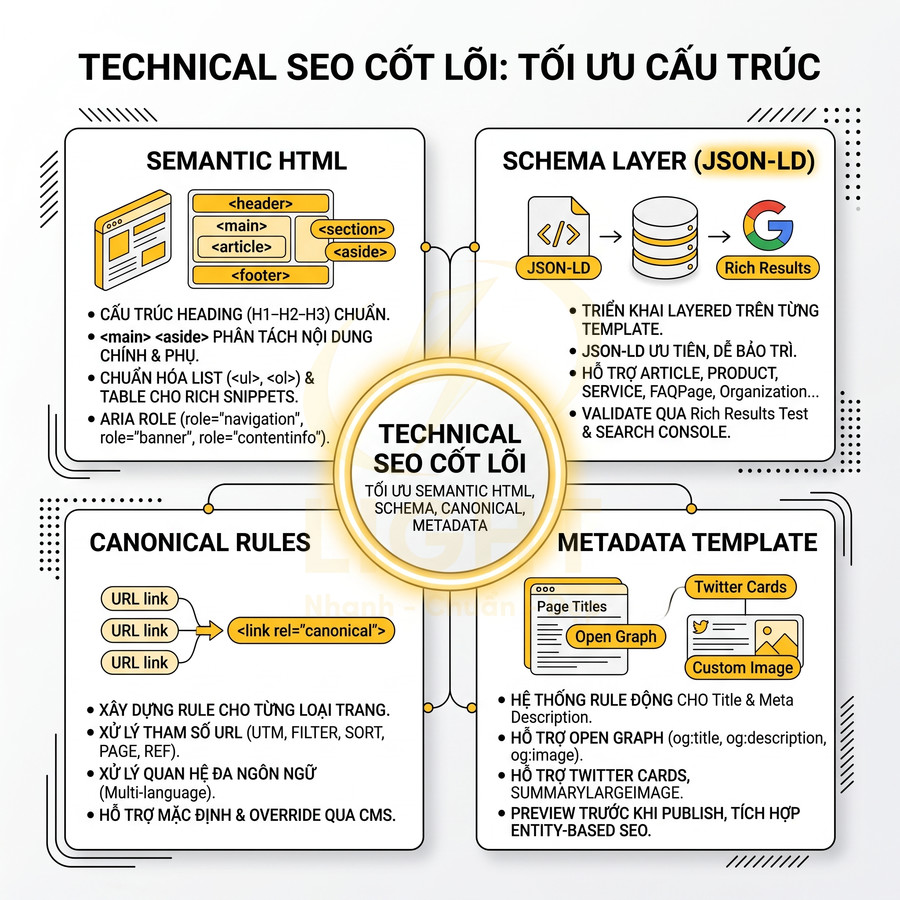 Technical SEO cốt lõi tối ưu cấu trúc với semantic HTML schema JSON LD canonical rules và metadata template