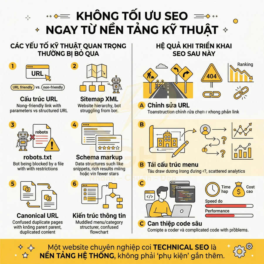 Infographic về các lỗi kỹ thuật SEO thường gặp và hậu quả khi không tối ưu technical SEO cho website