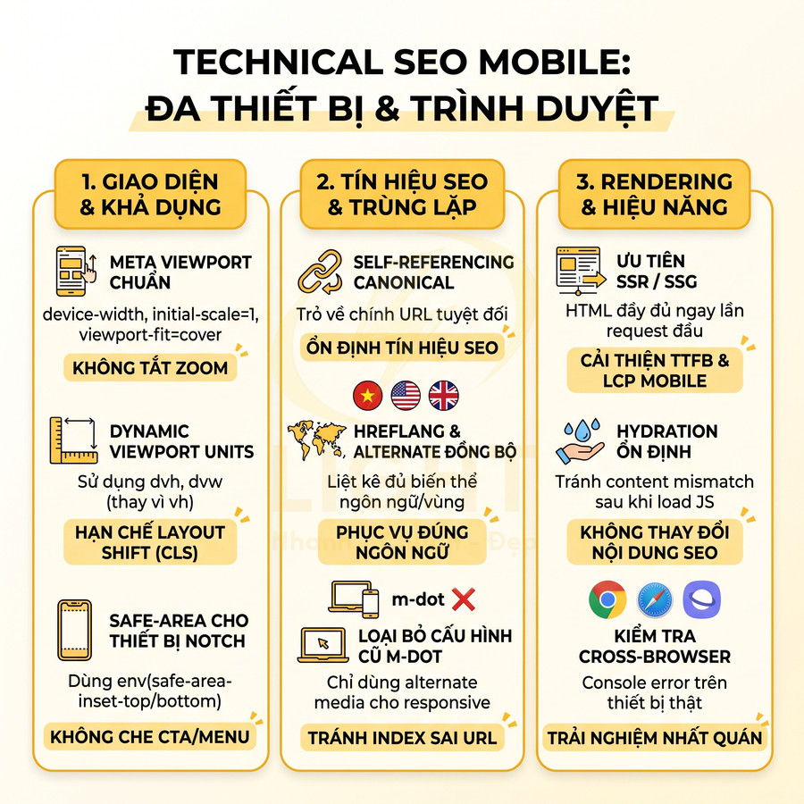 Checklist technical SEO mobile đa thiết bị và trình duyệt với các mục giao diện, tín hiệu SEO và hiệu năng