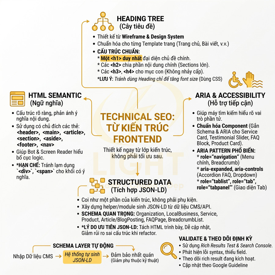 Infographic technical SEO từ kiến trúc frontend với heading tree, HTML semantic, structured data và ARIA accessibility