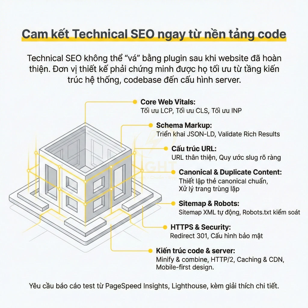 Cam kết technical SEO từ nền tảng code với các yếu tố core web vitals, schema, URL, sitemap, bảo mật HTTPS