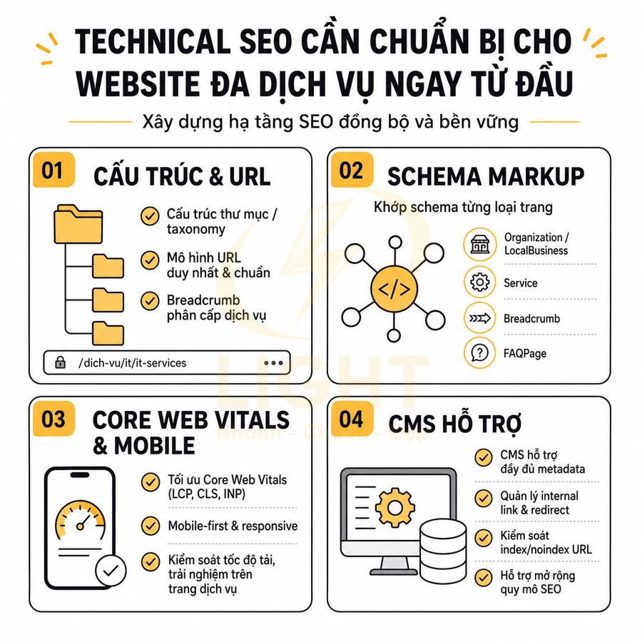 Checklist technical SEO cho website đa dịch vụ với cấu trúc URL, schema, Core Web Vitals và CMS hỗ trợ SEO