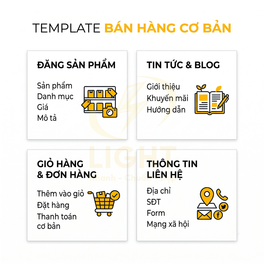 Template bán hàng cơ bản với các mục đăng sản phẩm, tin tức blog, giỏ hàng đơn hàng và thông tin liên hệ